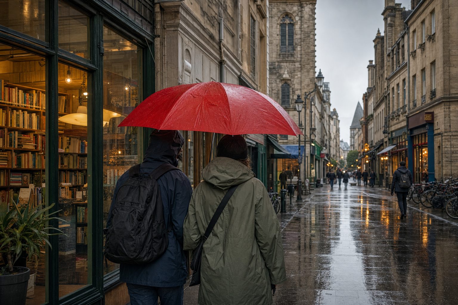 Rain-slick coastal promenade under changing weather